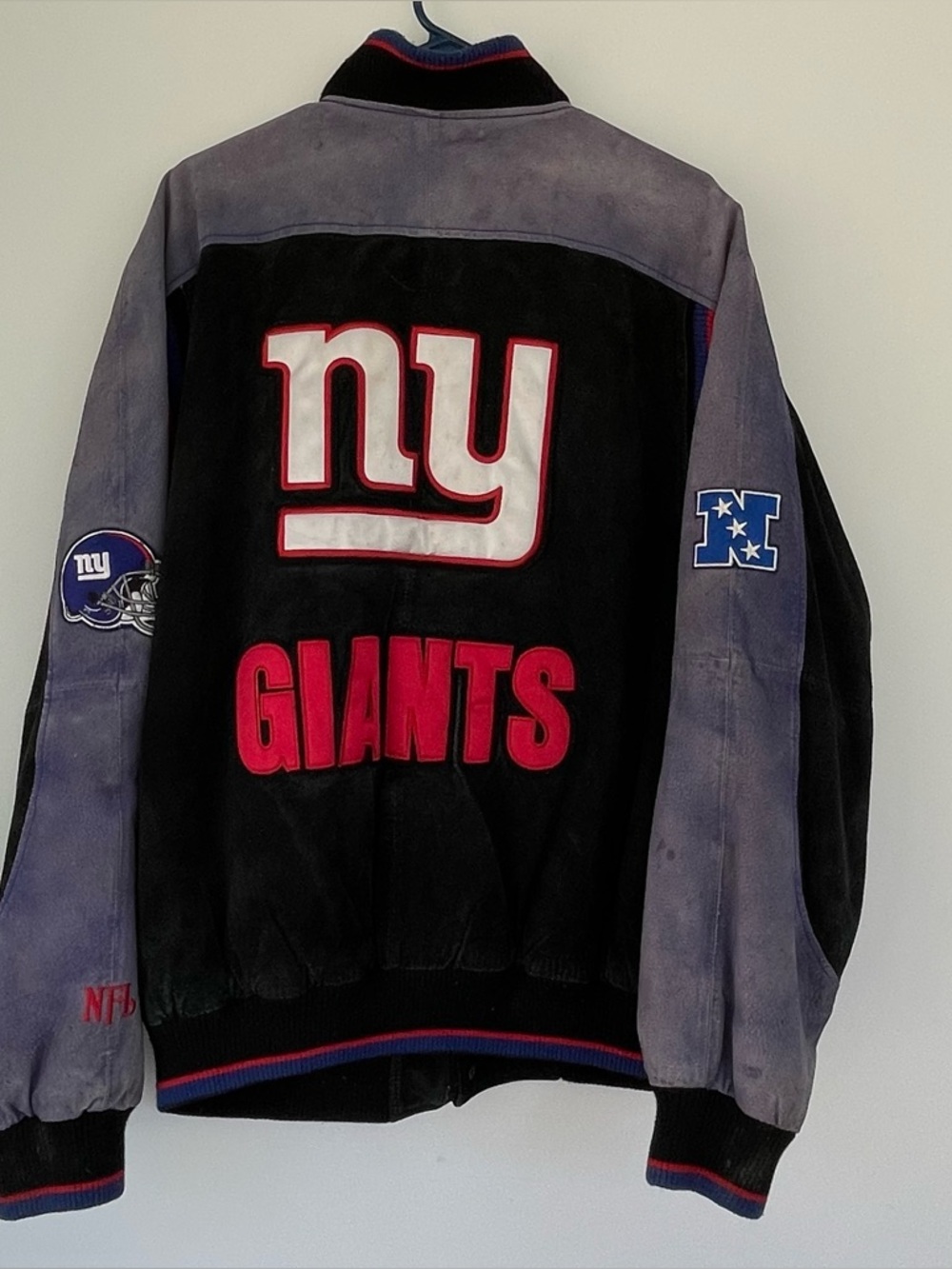 New York Giants Mens NFL Black & Blue Suede Varsity Jacket Large